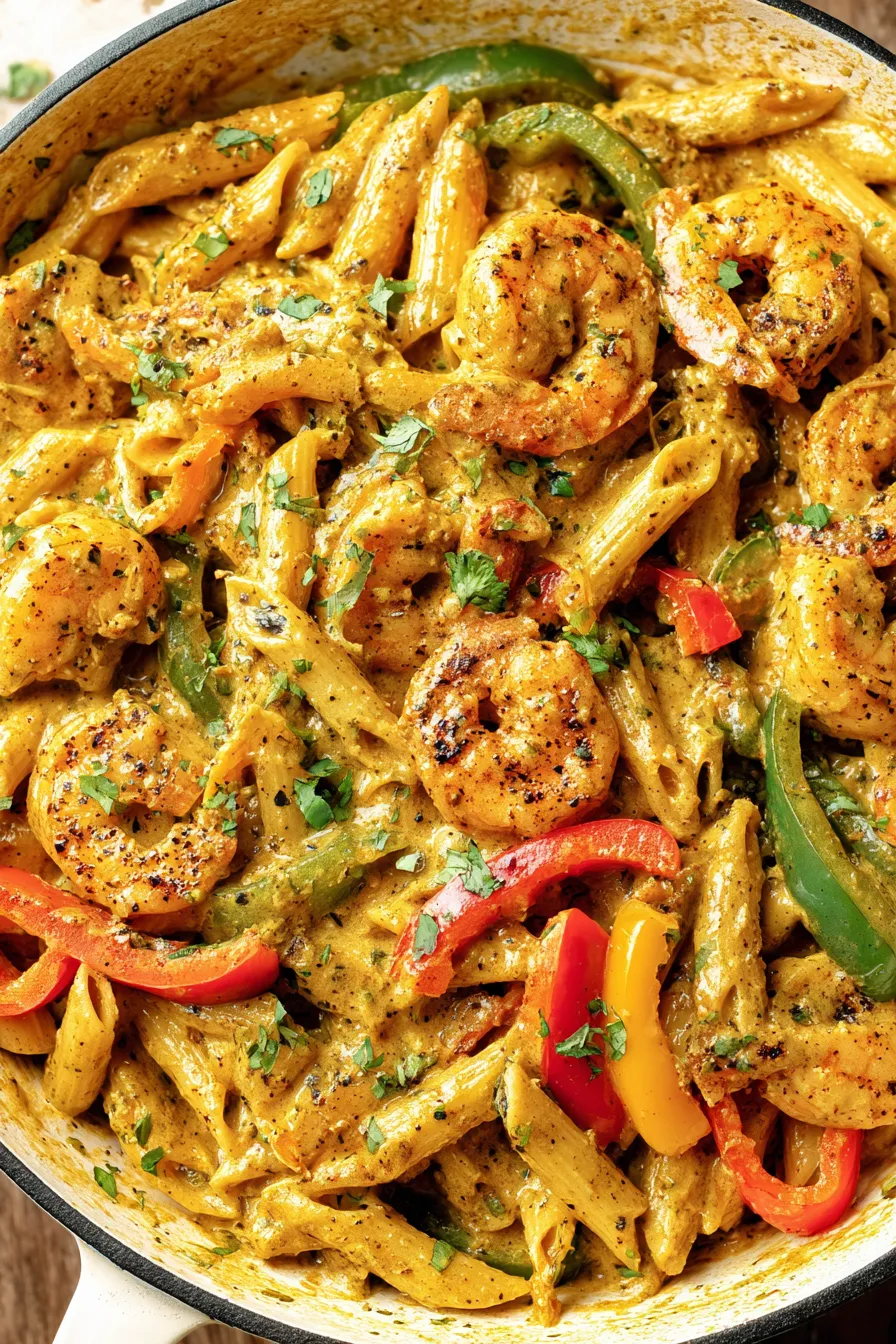 Close-up of sautéed bell peppers and shrimp