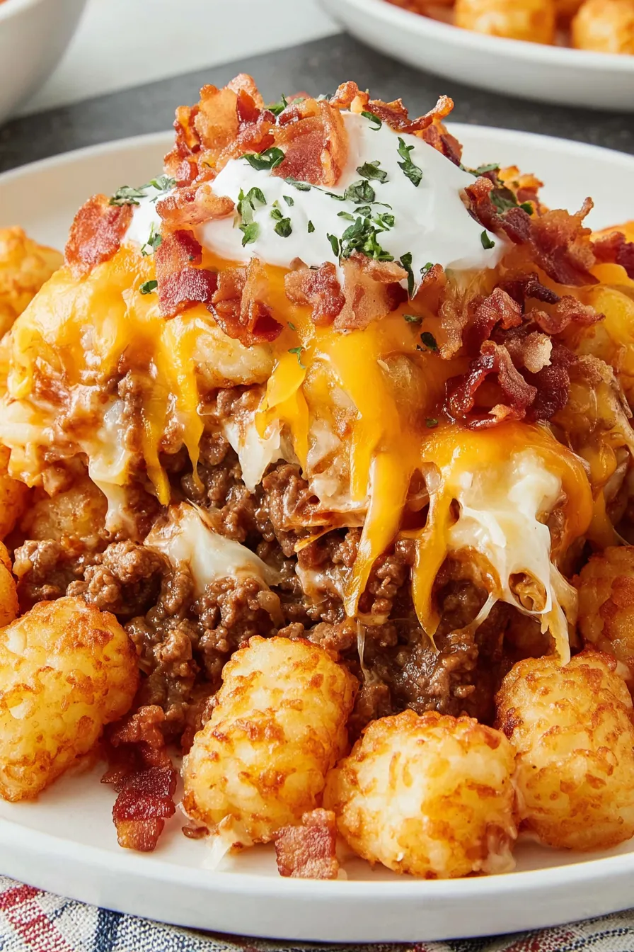 Close up of melted cheese and crispy tater tots