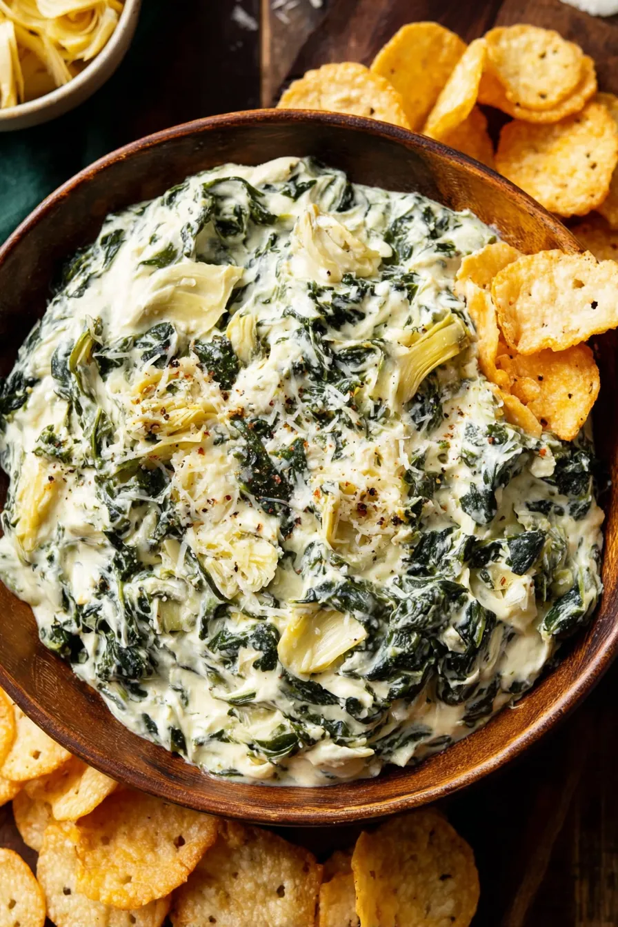 Warm crock pot filled with creamy spinach artichoke dip