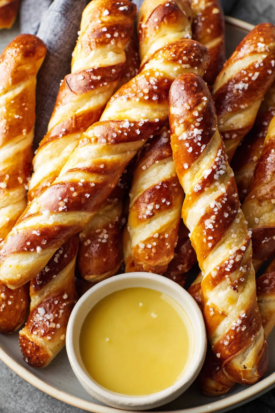 Freshly baked pretzel sticks on parchment