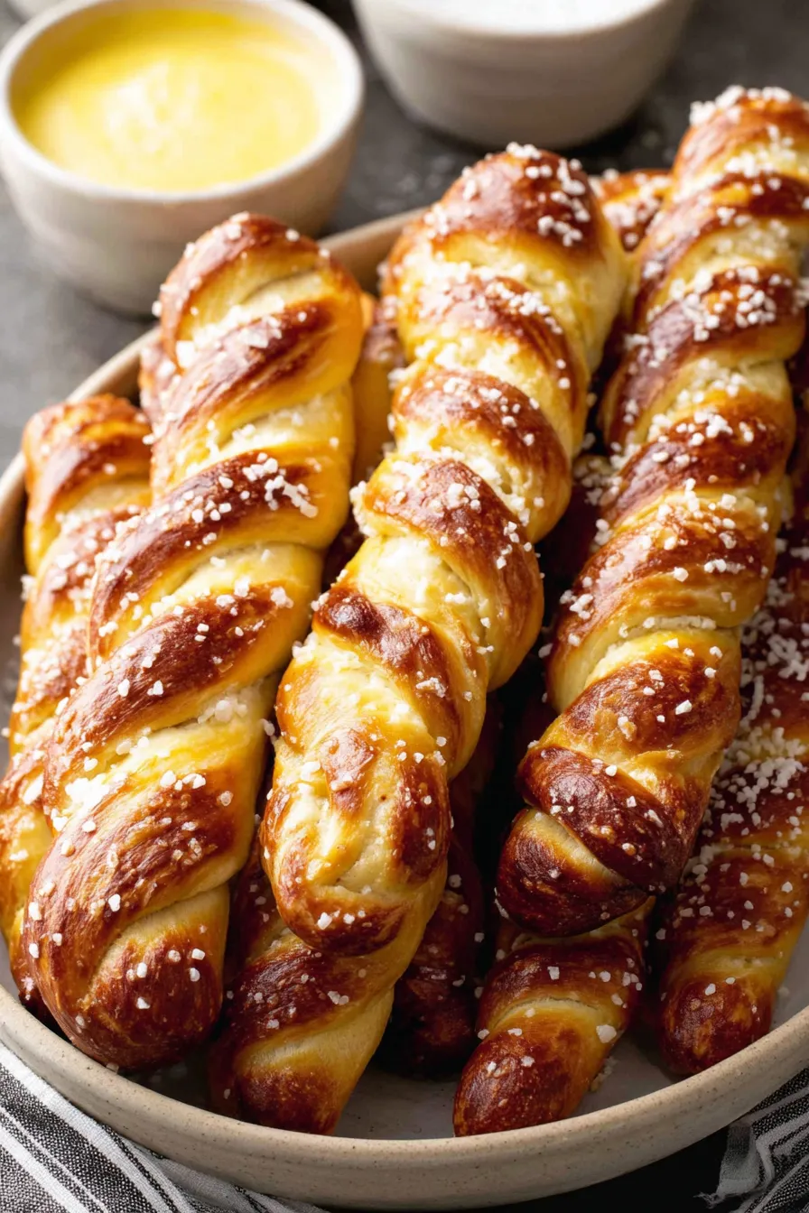 Pretzel sticks arranged on a wooden board with mustard