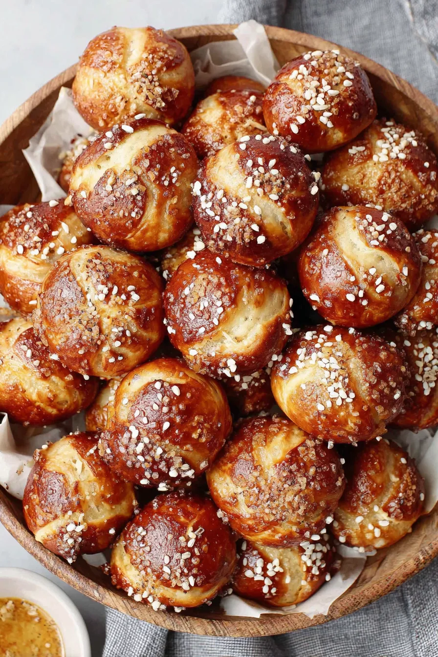 Golden baked sourdough discard pretzel bites in a bowl