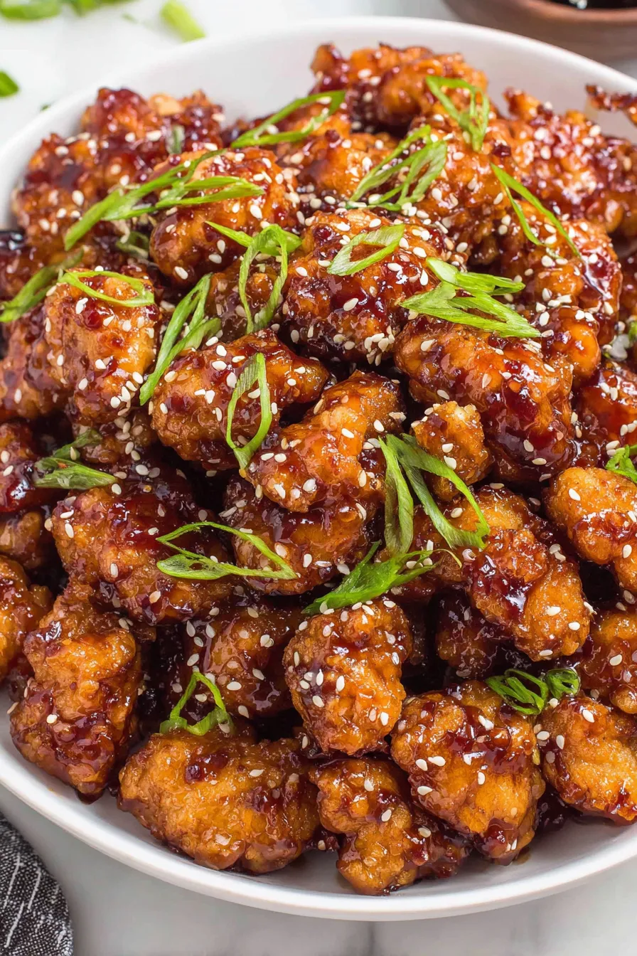 General Tso chicken glazed and garnished with sesame seeds and green onions