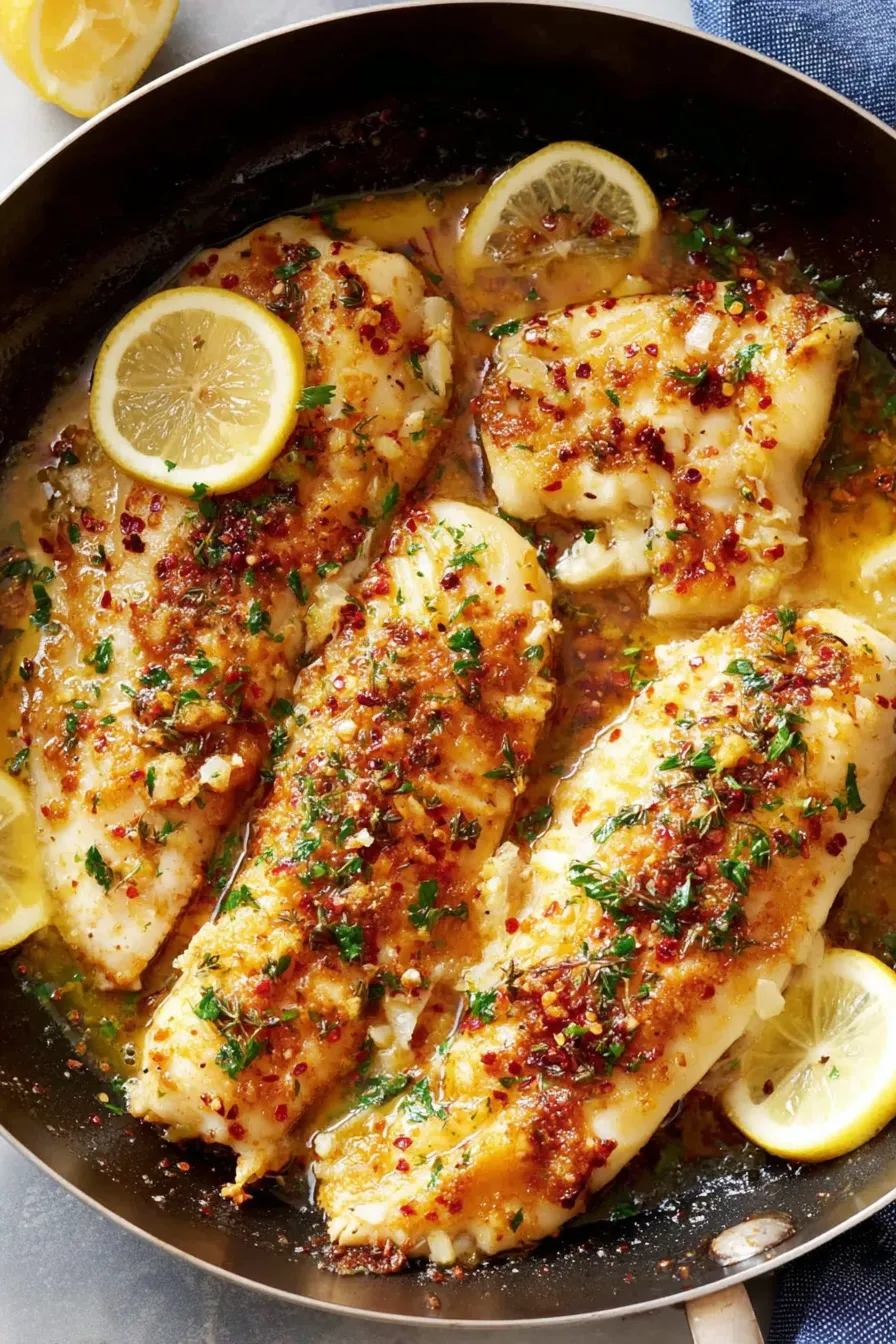 Oven-baked tilapia in lemon garlic butter in baking dish