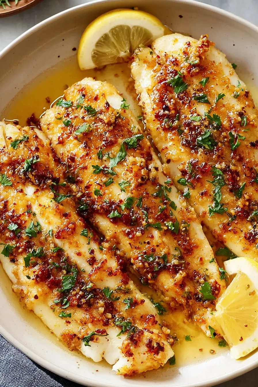 Finished tilapia plated with lemon wedges and parsley