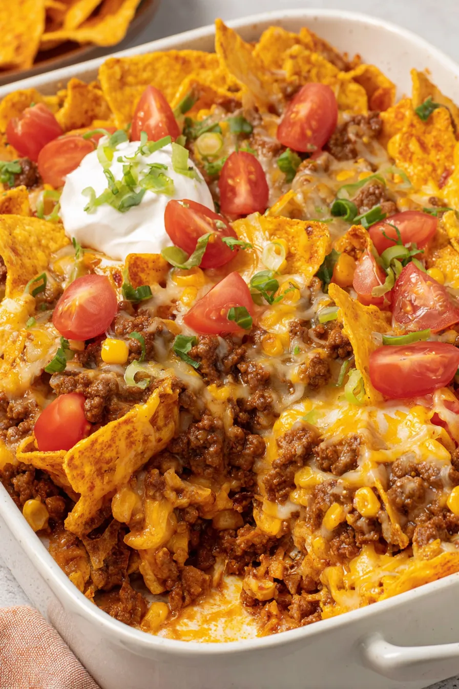 Close up of Doritos topping on taco casserole