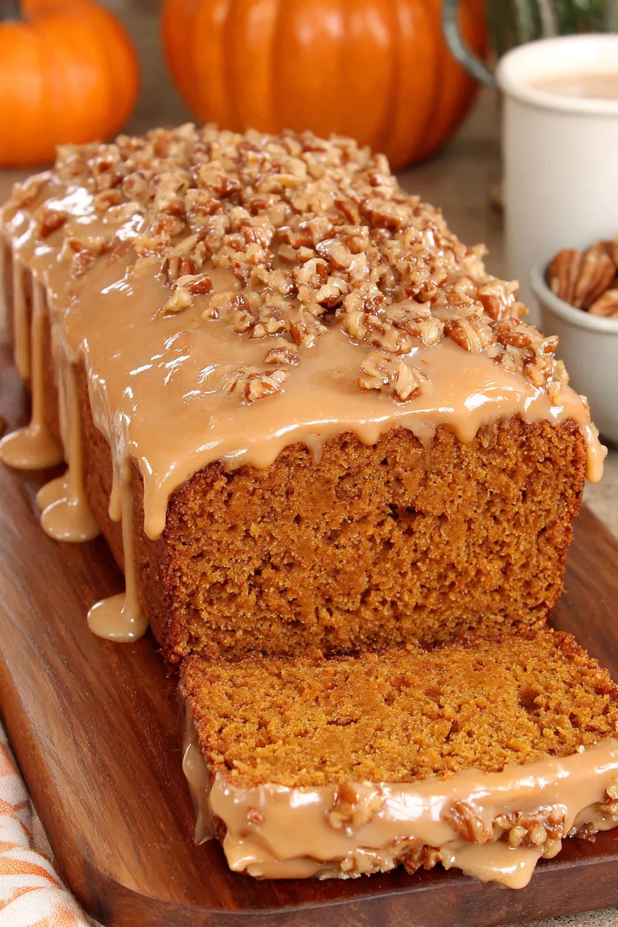 Maple pumpkin bread fresh from the oven with maple glaze