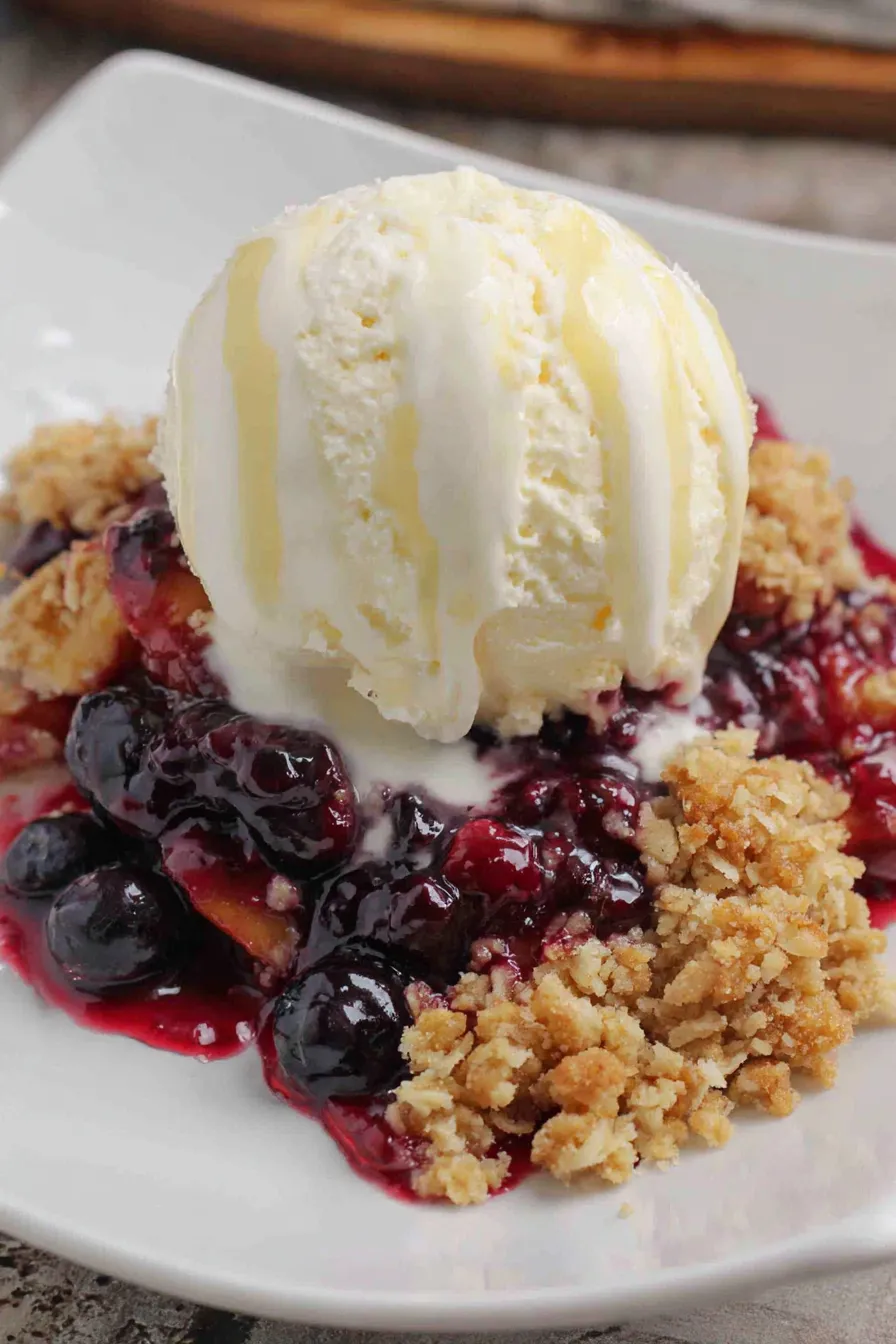 Close-up of crisp topping with oats