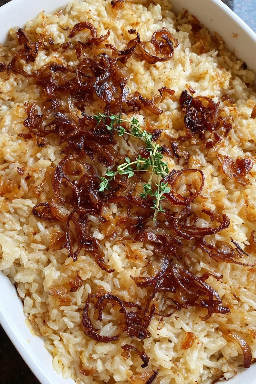 Baked rice golden on top in an 8x8 pan