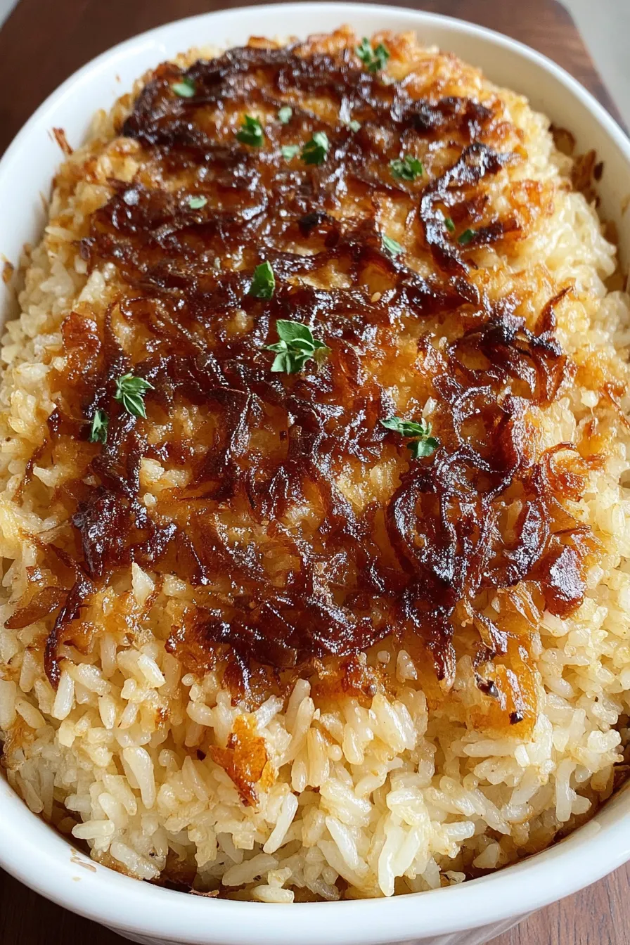 Rice and soup ingredients in a baking dish