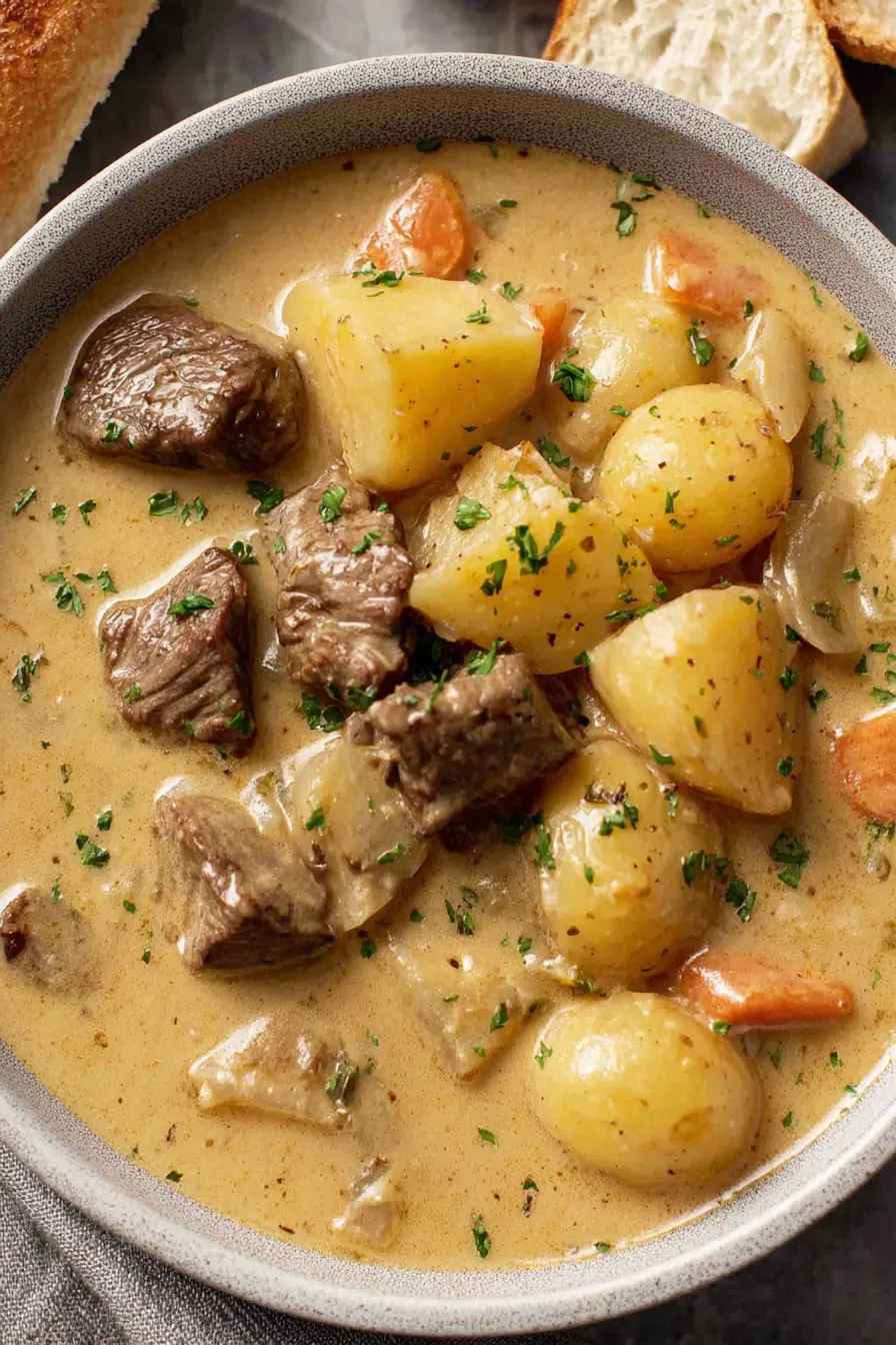 Seared beef and pot of simmering soup