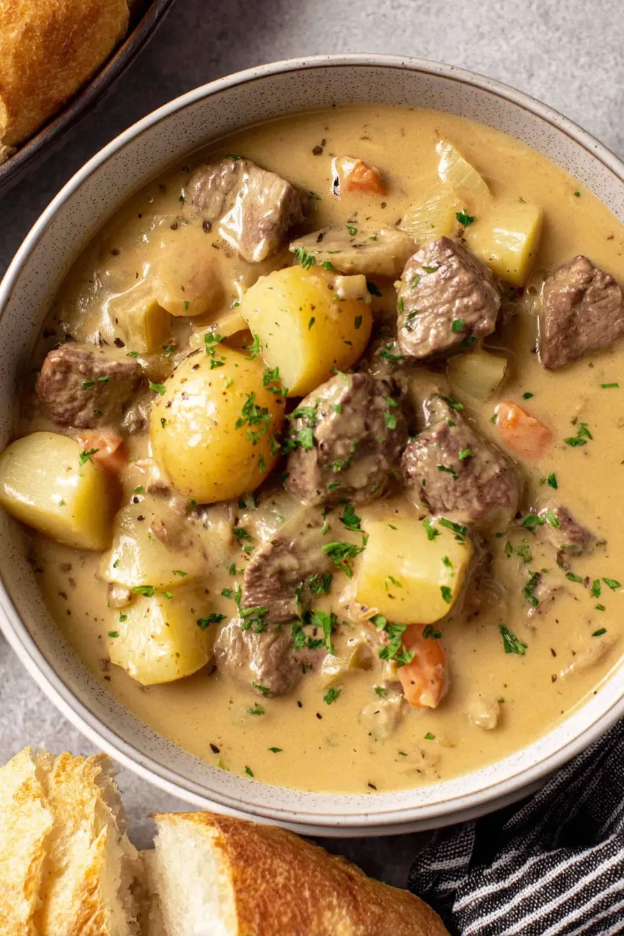 Bowl of creamy steak and potato soup topped with cheese