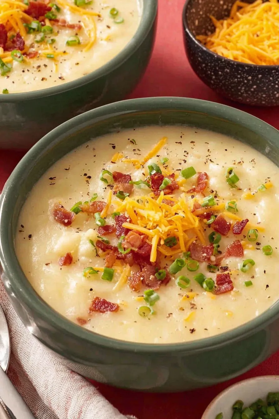 Creamy potato soup in a bowl with scallions