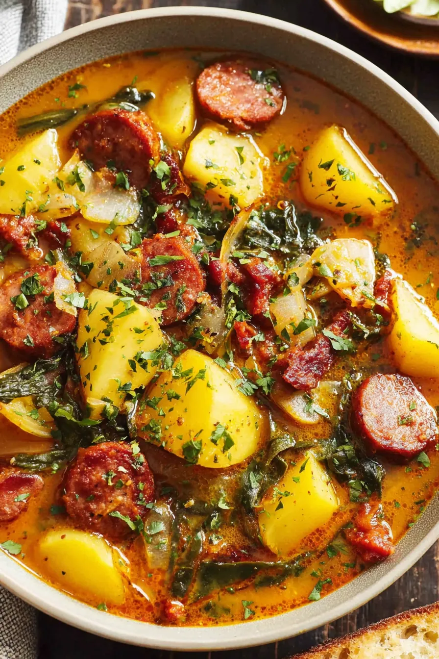 Spicy chorizo and potato soup simmering in pot