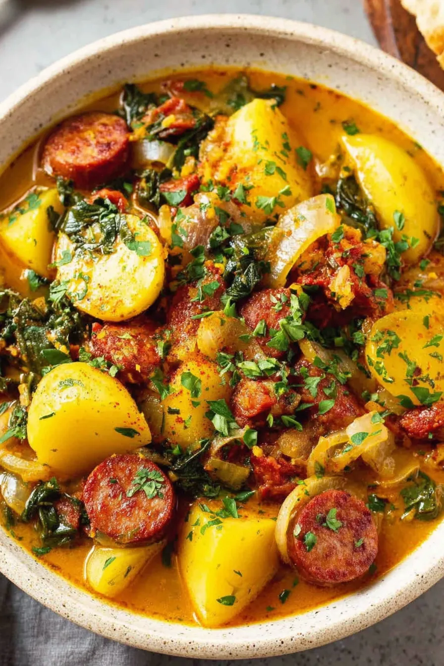 Bowl of chorizo potato soup garnished with parsley
