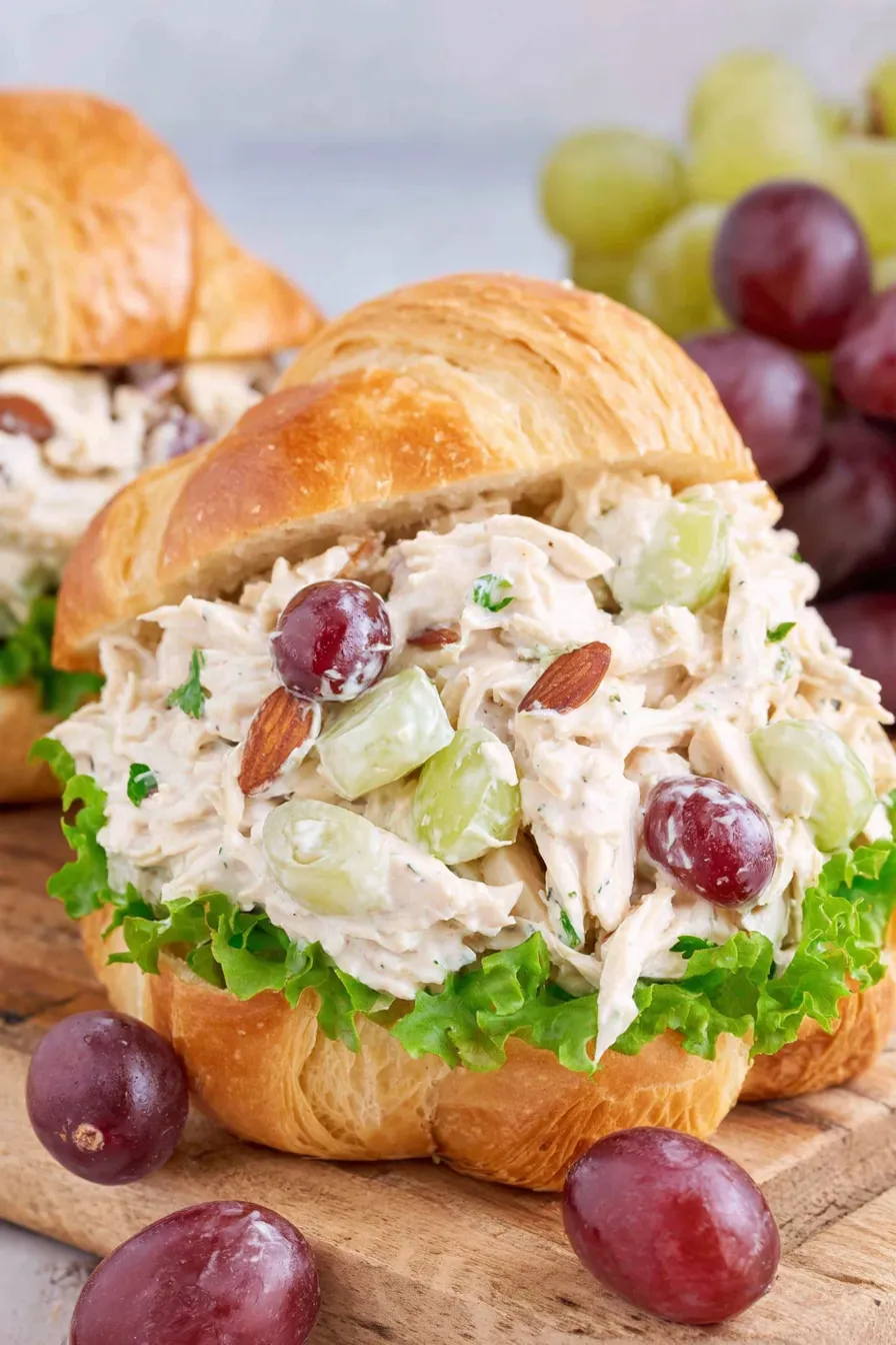 chicken salad in bowl with grapes and almonds