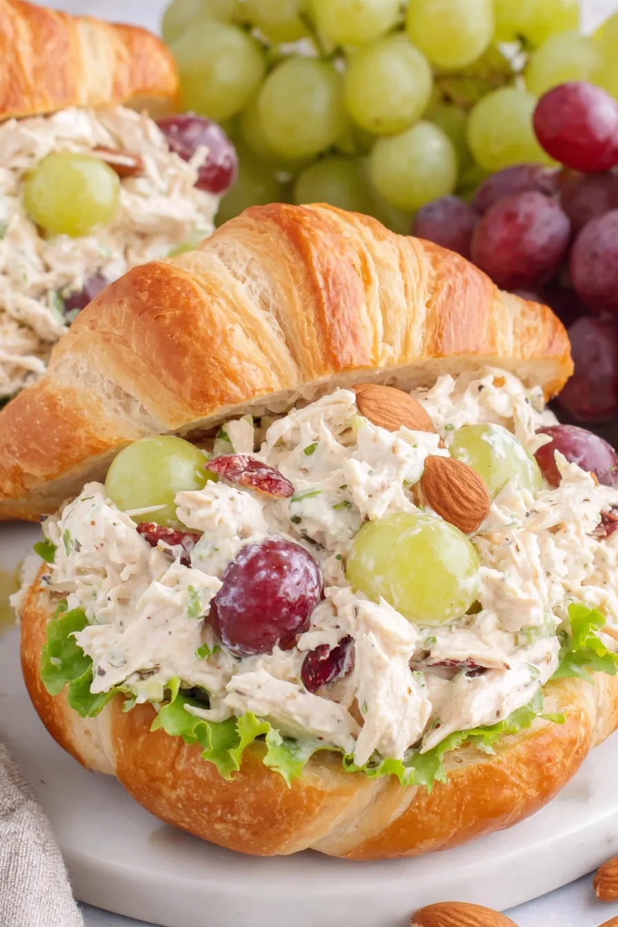 two chicken salad sandwiches on wooden board