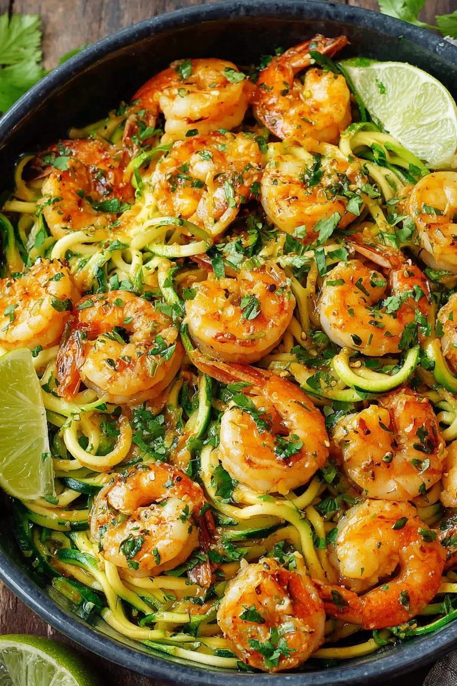 Grilled shrimp on a skewer resting beside green zucchini noodles
