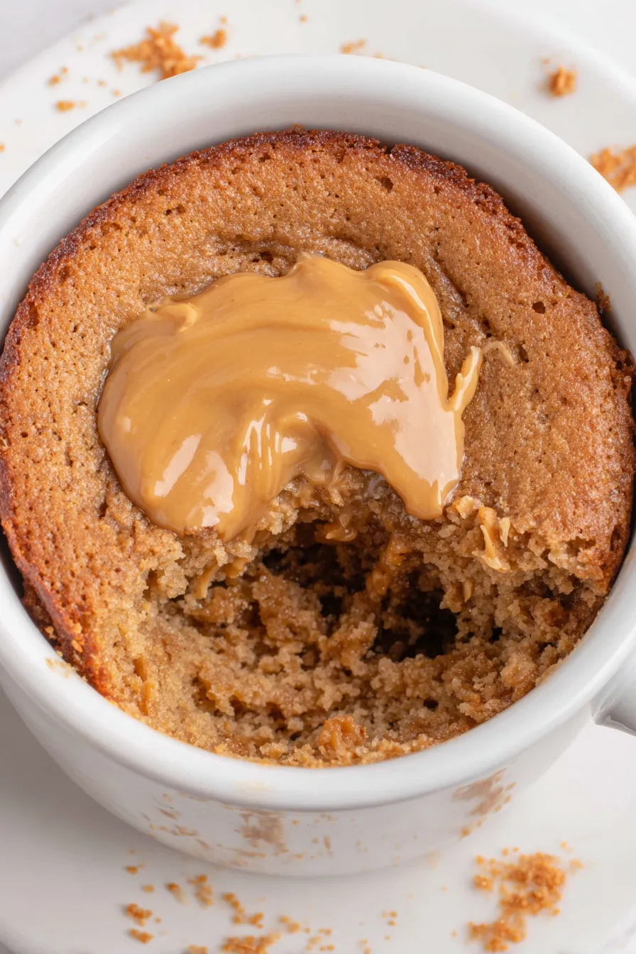 Peanut butter mug cake in mug with melting peanut butter on top