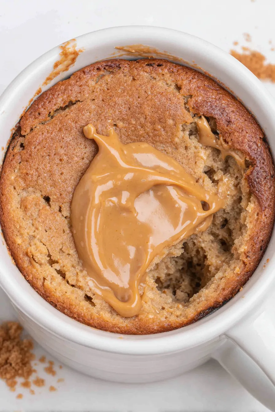 Side view of mug cake with peanut butter and spoon