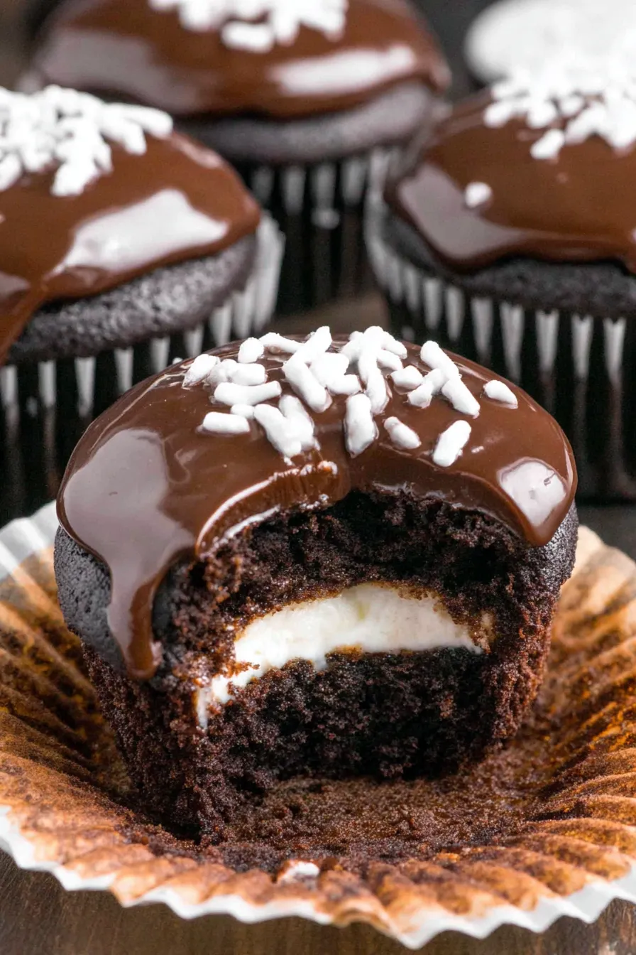 Close up of Hostess style chocolate cupcake with marshmallow swirl
