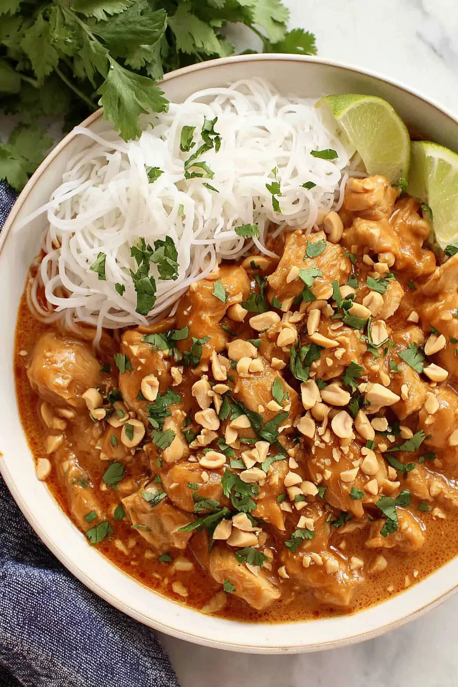 Thai peanut chicken served over rice with cilantro and peanuts