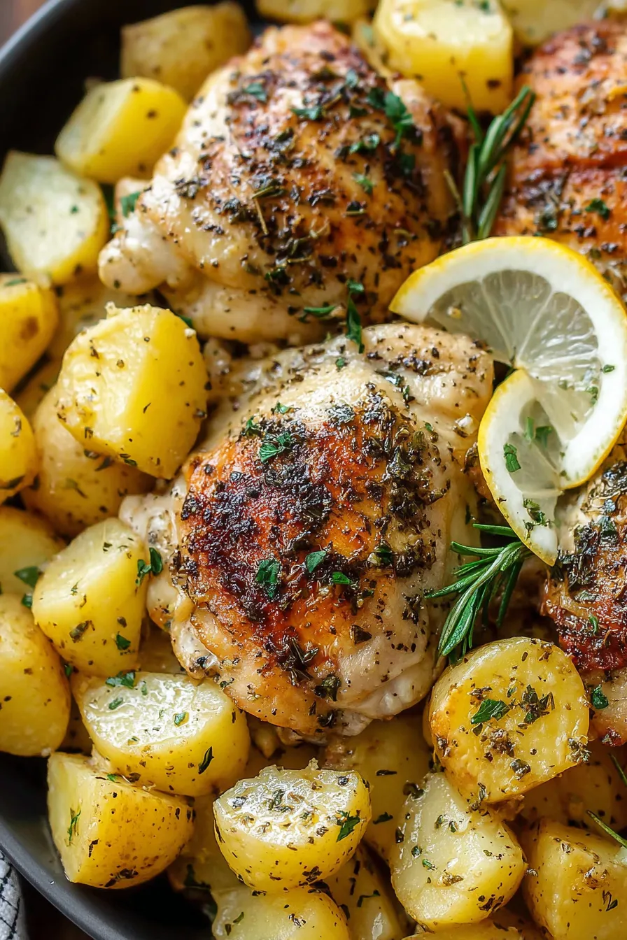 Finished Greek lemon chicken with potatoes garnished with parsley