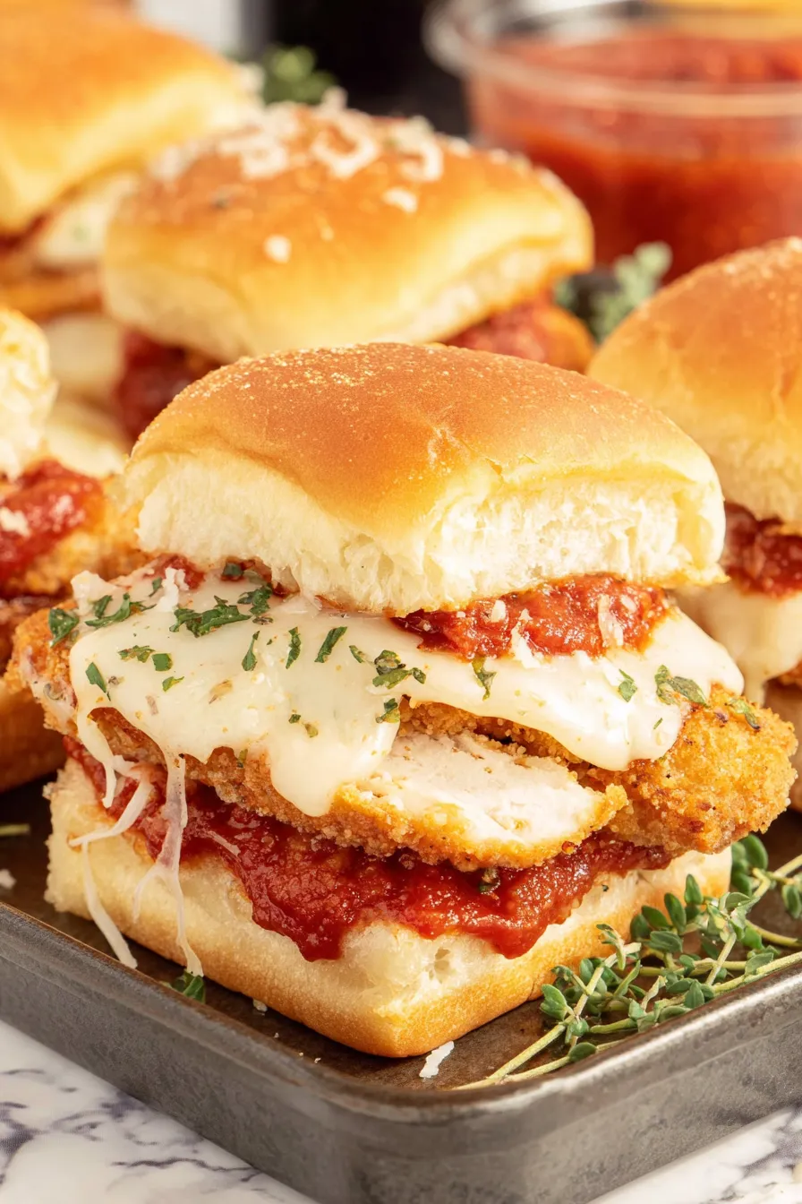 Tray of assembled chicken parmesan sliders before baking