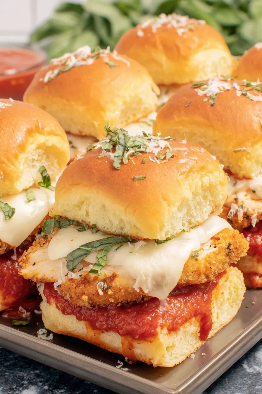 Close-up of a sliced chicken parmesan slider with melted mozzarella