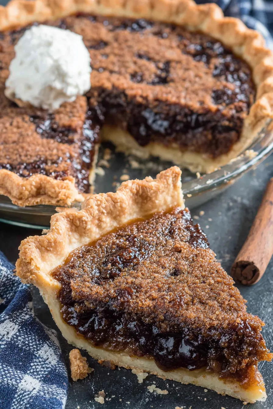 Slice of shoofly pie plated with ice cream