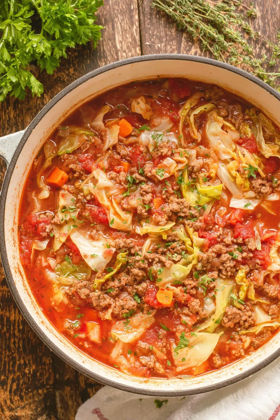 Cabbage roll soup simmering in a pot, showing beef and cabbage