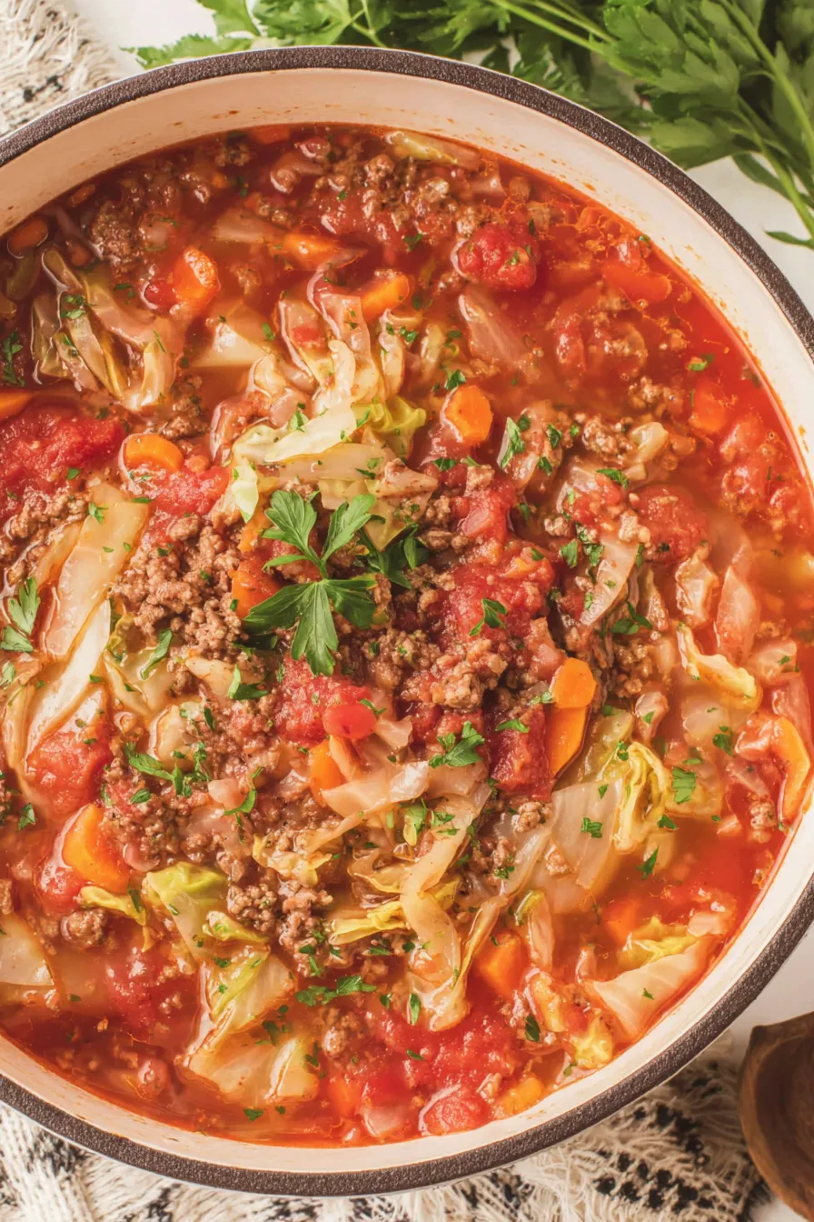 Bowl of cabbage roll soup garnished with parsley beside a loaf of bread