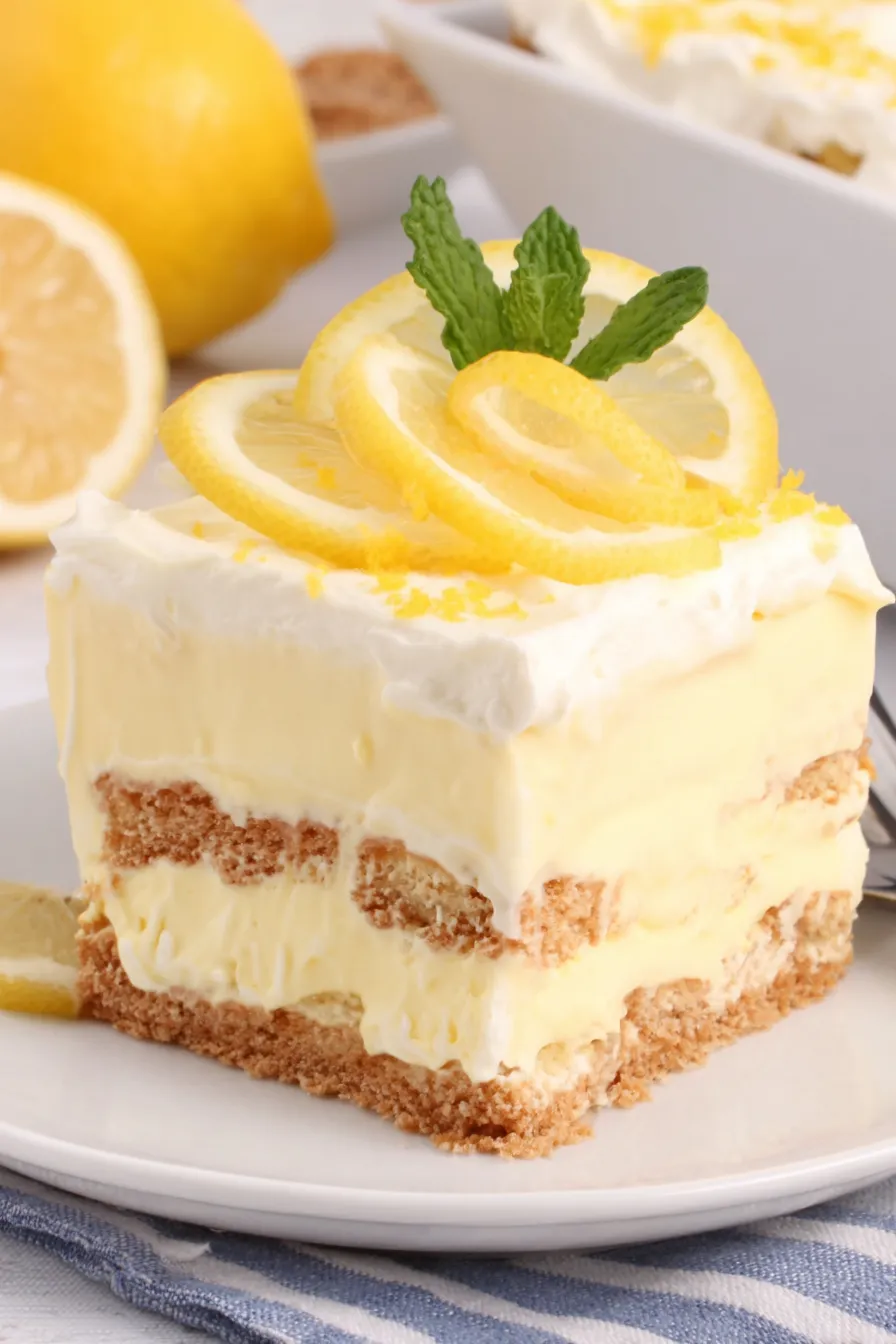 Finished lemon eclair cake with glossy frosting and garnishes