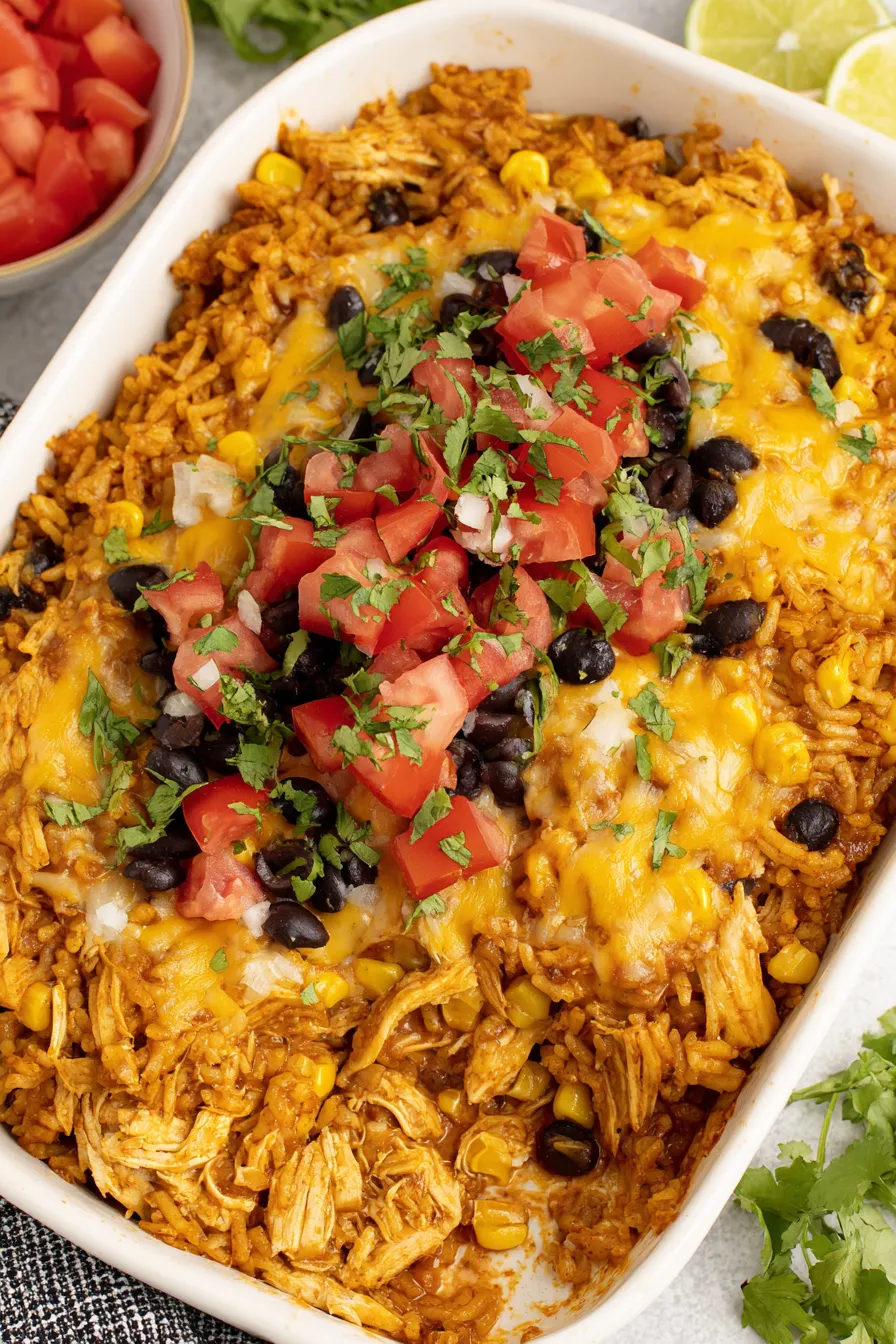 Portion of chicken enchilada rice casserole on a plate