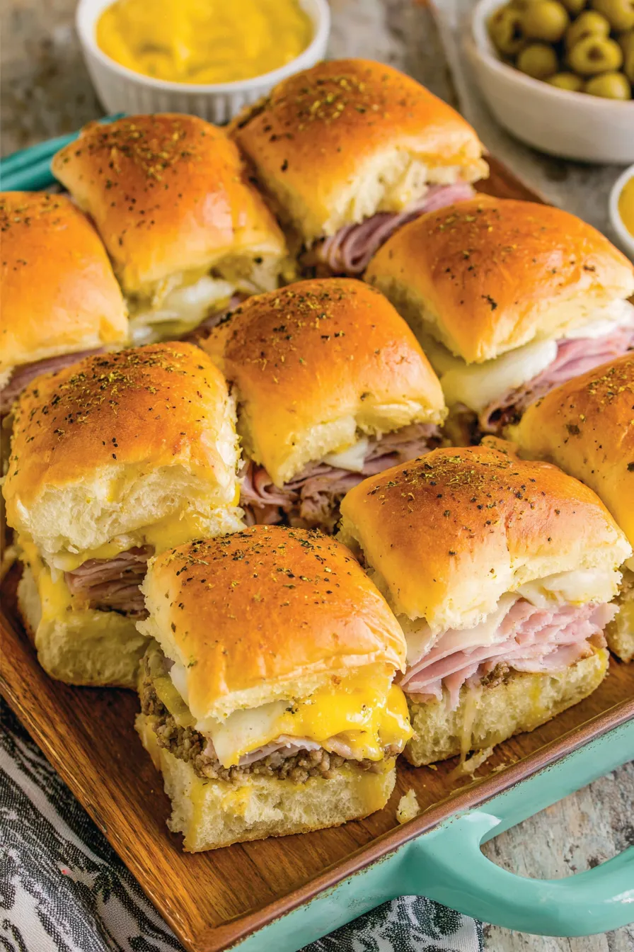 Cuban sliders in a casserole dish fresh from the oven
