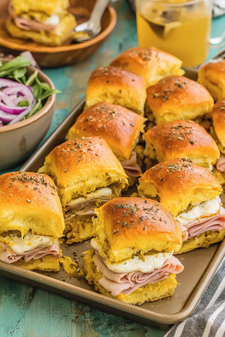Stack of Cuban sliders showing layers of pork ham cheese and pickles