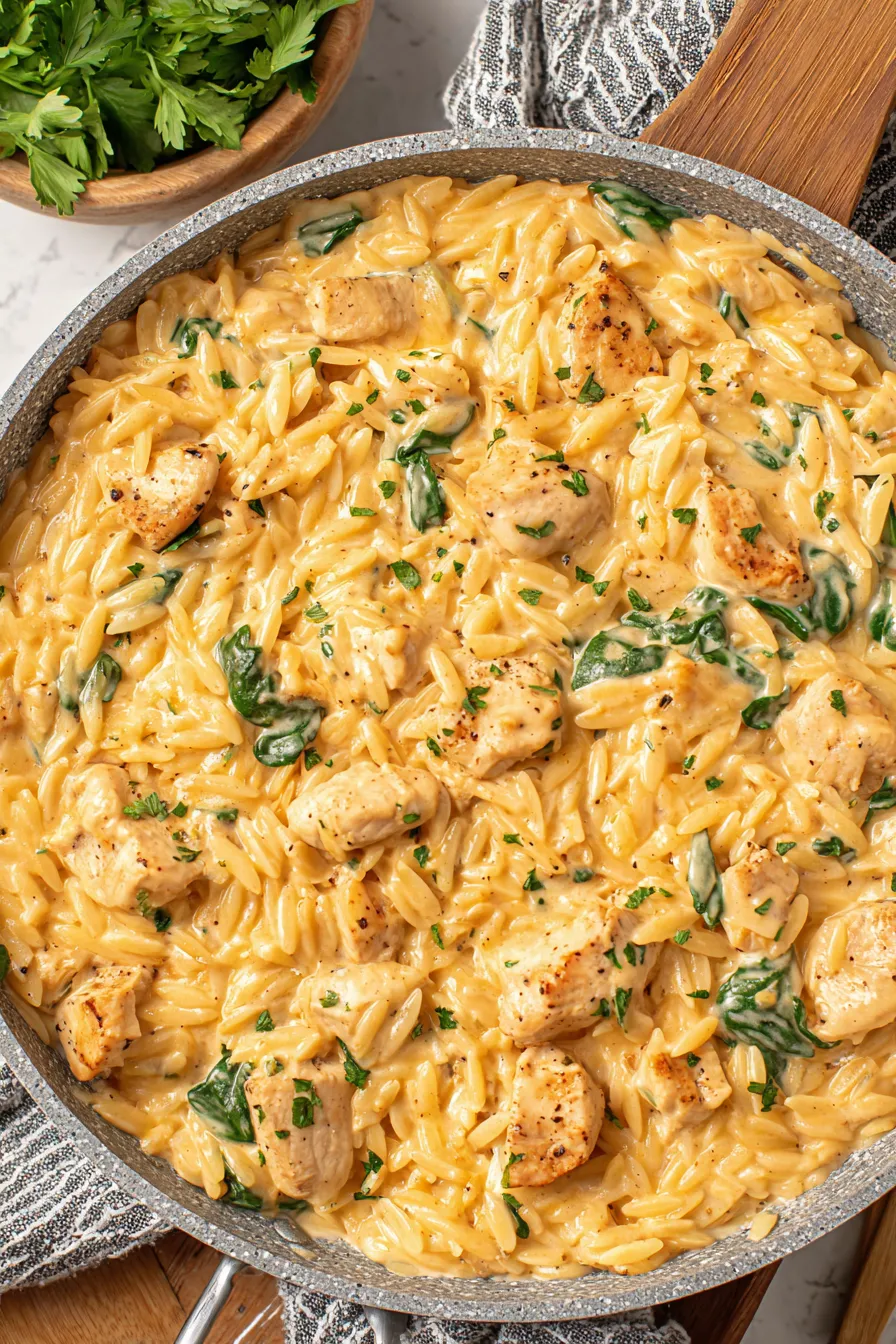 Creamy chicken orzo in a skillet with parsley garnish
