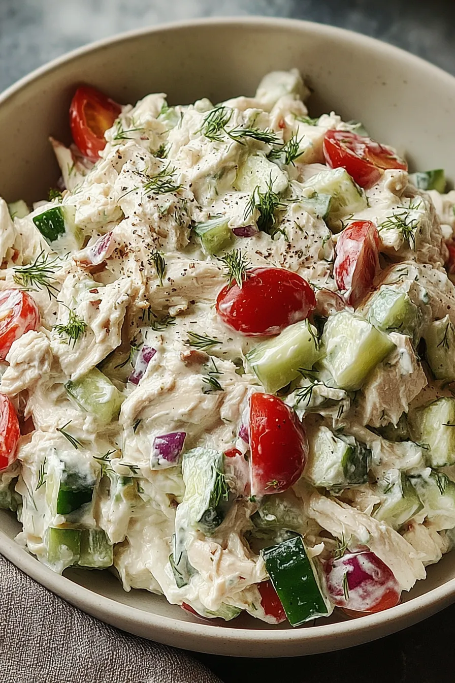 Poached chicken and tzatziki salad in bowl
