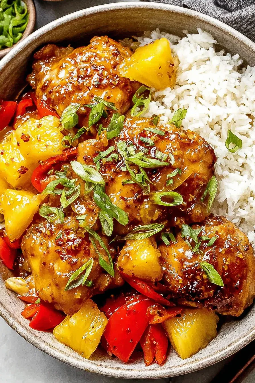 Plated Hawaiian chicken with rice and green onions