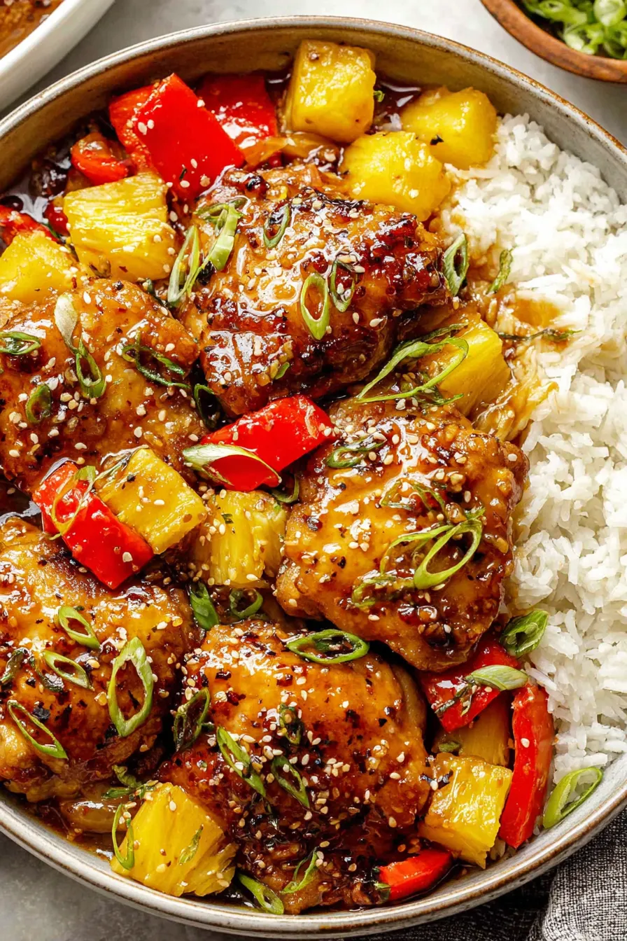 Crockpot Hawaiian Chicken slow cooker full of chicken, peppers and pineapple