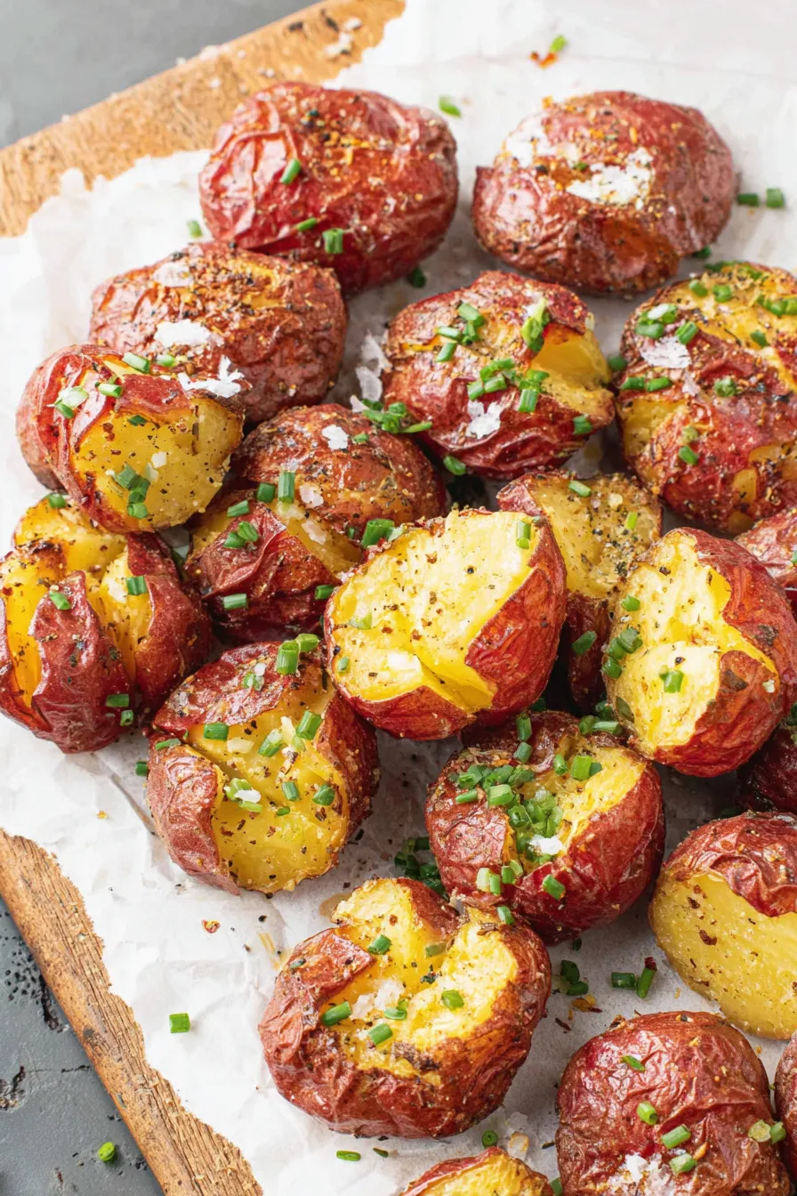 Smashed red potatoes on a baking sheet, golden and crispy