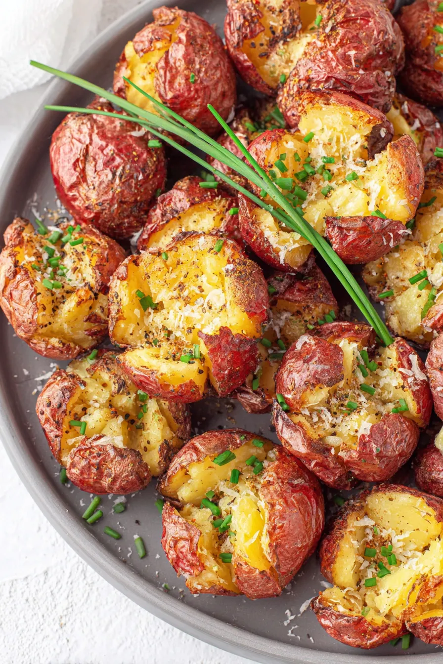 Close up of crispy smashed red potatoes garnished with chives