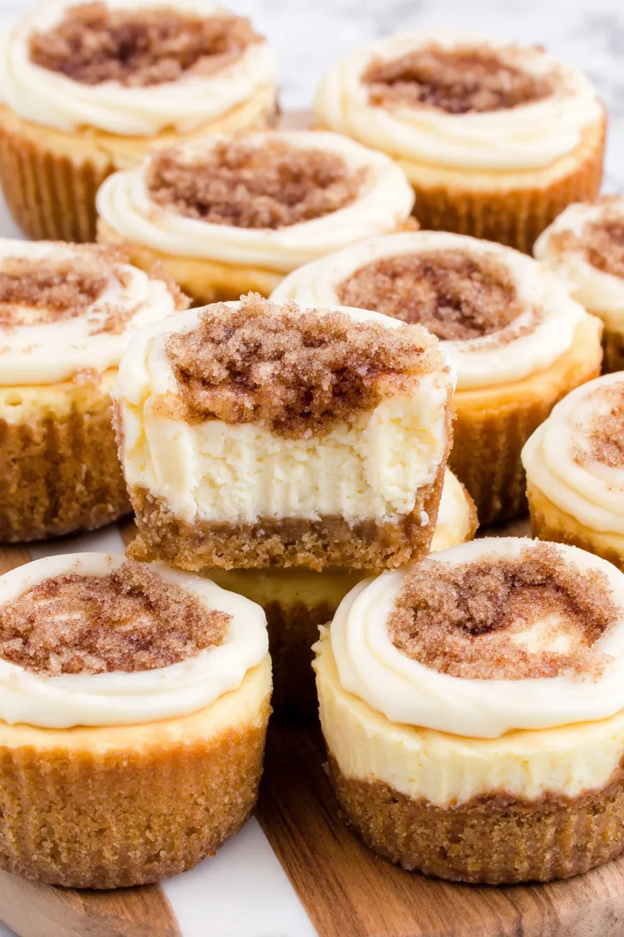 Mini cinnamon roll cheesecakes cooling in a muffin pan