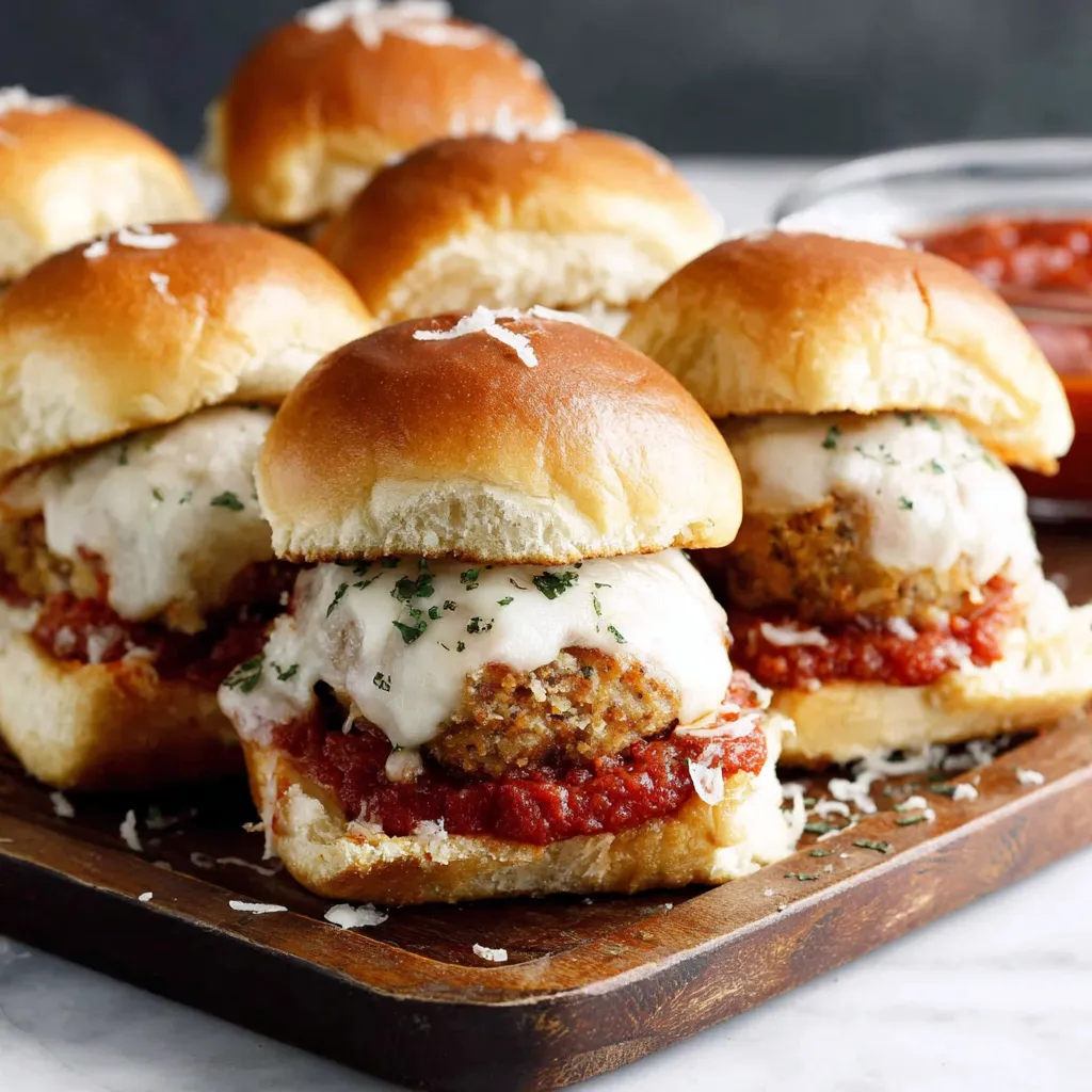Chicken Parmesan meatball sliders on a tray with melted mozzarella