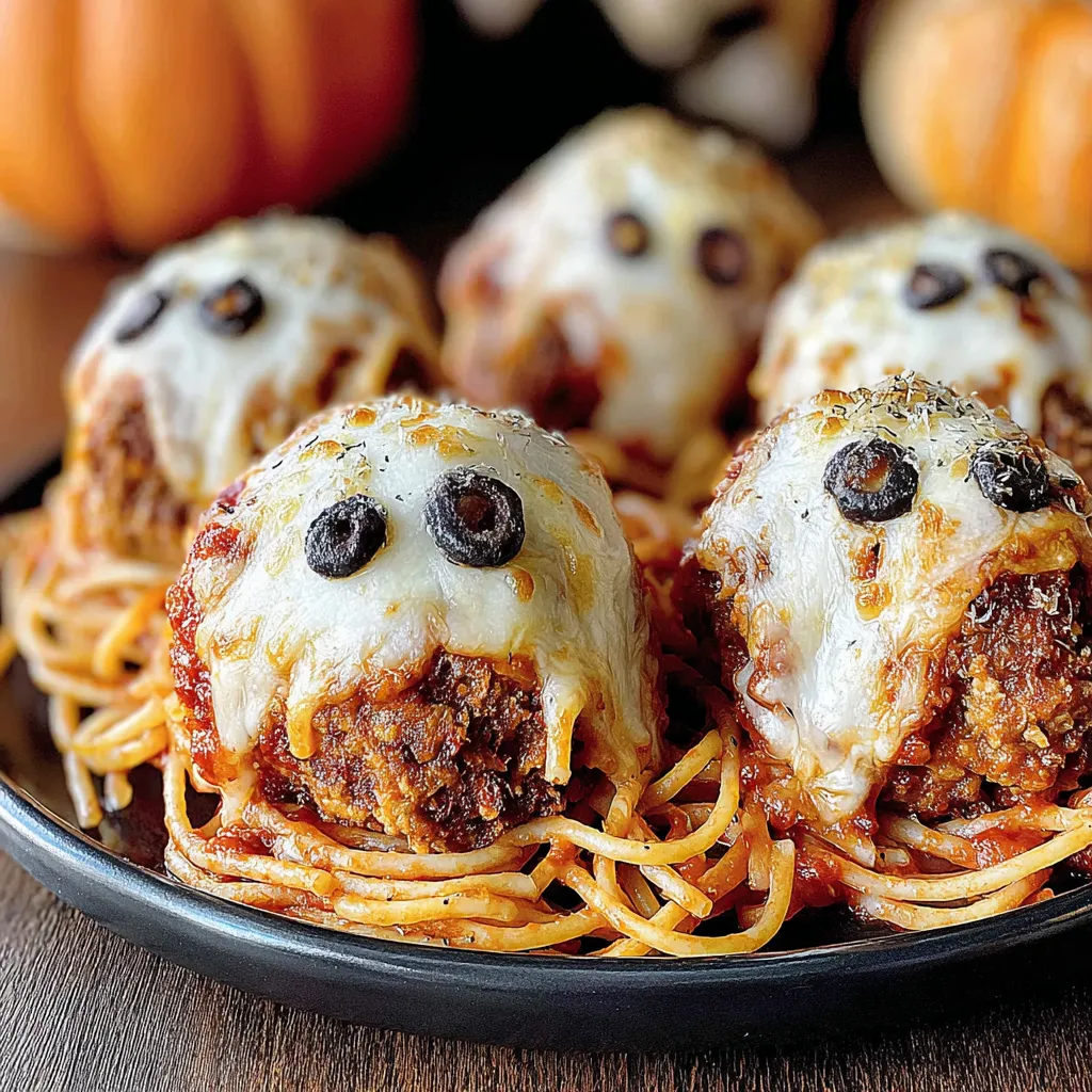 Cheesy monster meatballs on spooky spaghetti close-up