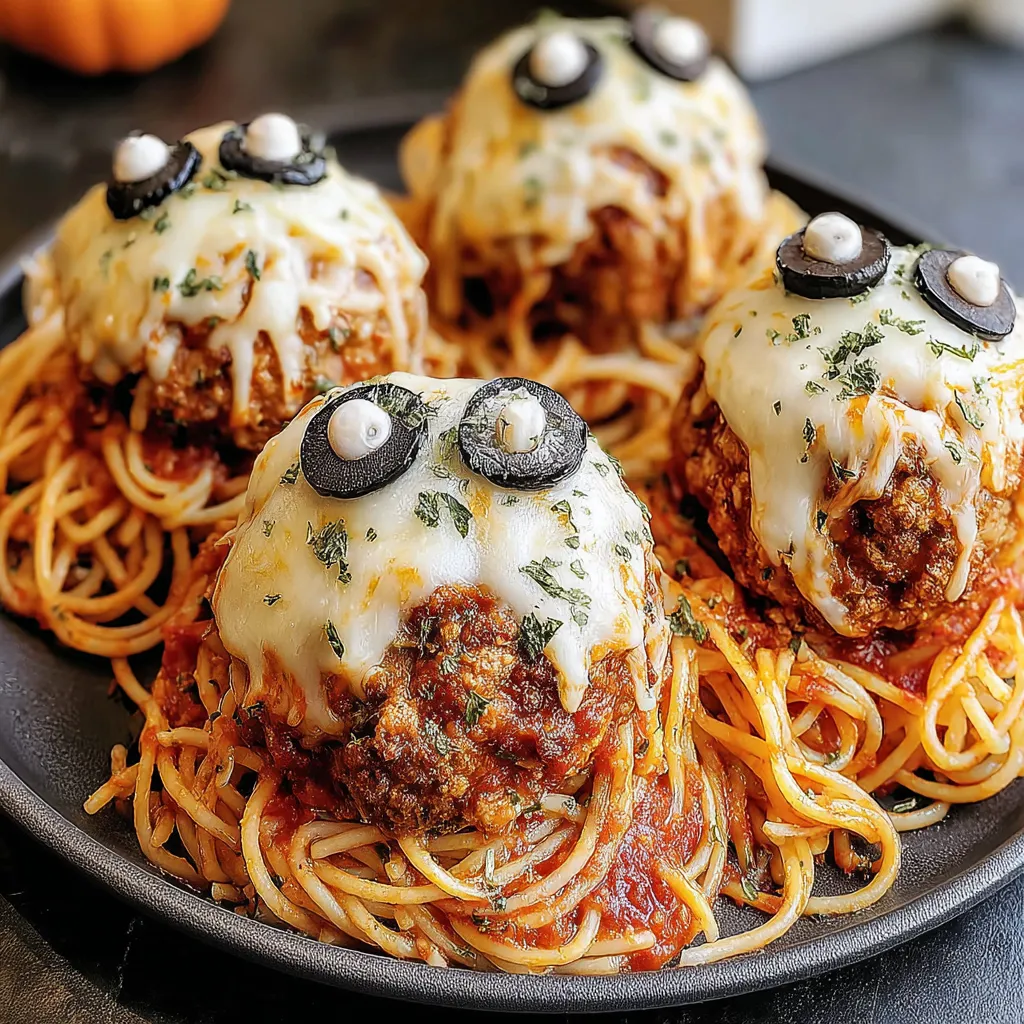 Close-up of mozzarella-stuffed meatball with olive eyes