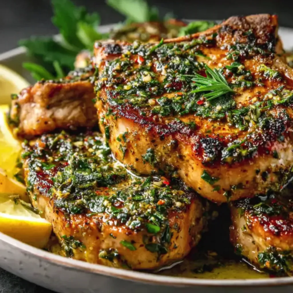 Close-up of juicy pork chop sliced to show tender interior and herb crust