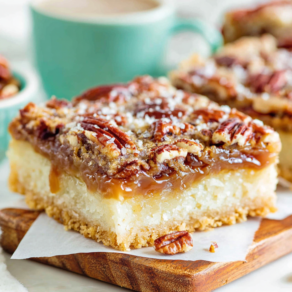 Close-up of pecan pie bar showing gooey filling and buttery crust