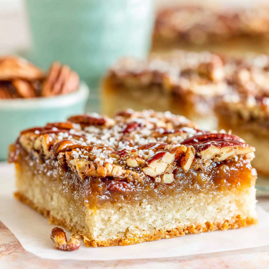 Stack of pecan pie bars on a plate ready to serve
