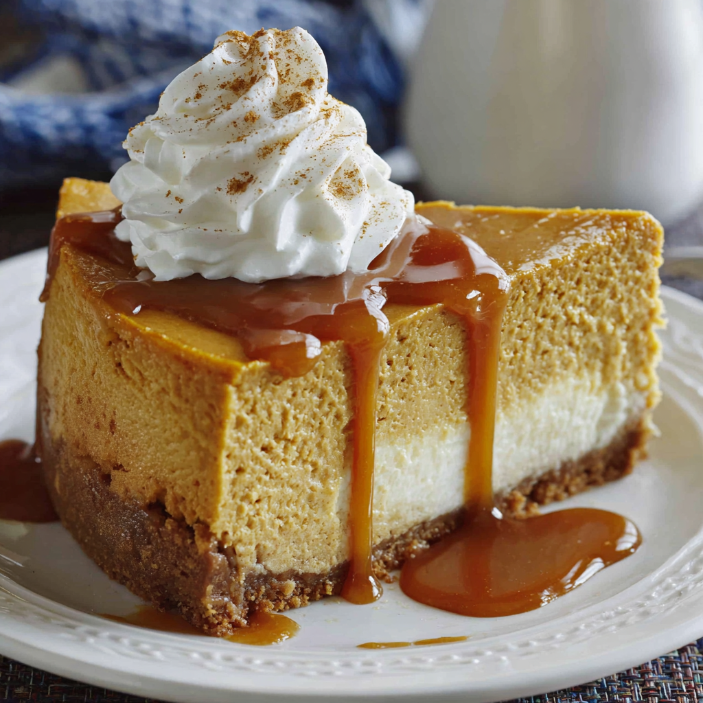 Close-up of pumpkin cheesecake slice showing creamy texture and graham crust